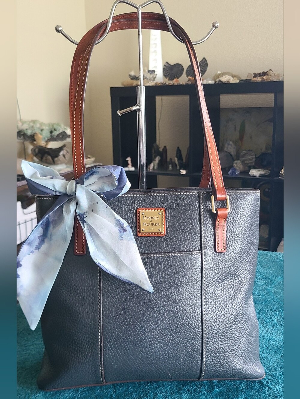 Dooney & Bourke Dusty Blue Pebbled Leather Tote with Brown Straps